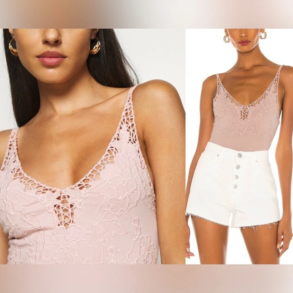Free People | Lea Pink Embroidered Floral Front Bodysuit - Picture 2 of 5